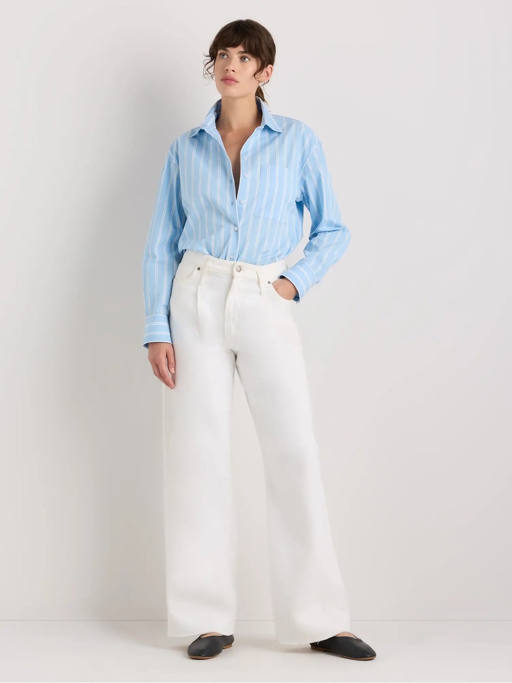 New Quince Cotton Poplin Long Sleeve Boyfriend Shirt Delta Blue Double Stripe